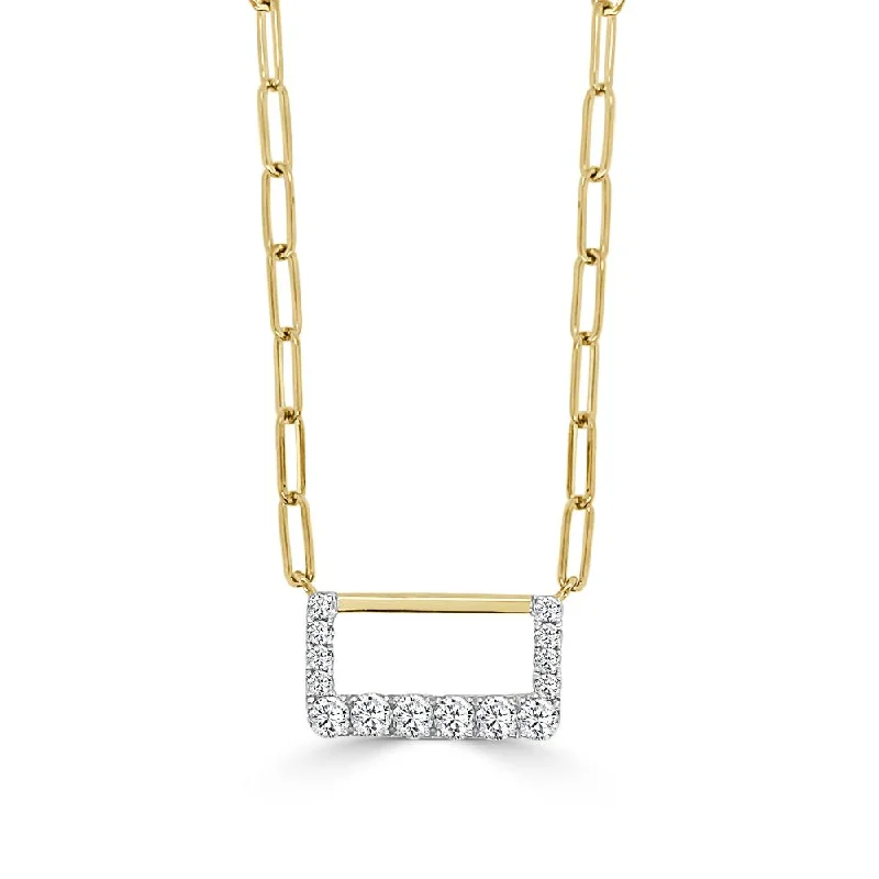 Peace eye necklaces-14k Gold Two-Tone Small Rectangular Shape Half Diamond Necklace