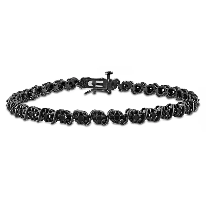 Lapis bead bangles-Miadora 1ct TW Black Diamond Tennis Bracelet in Sterling Silver with Black Rhodium