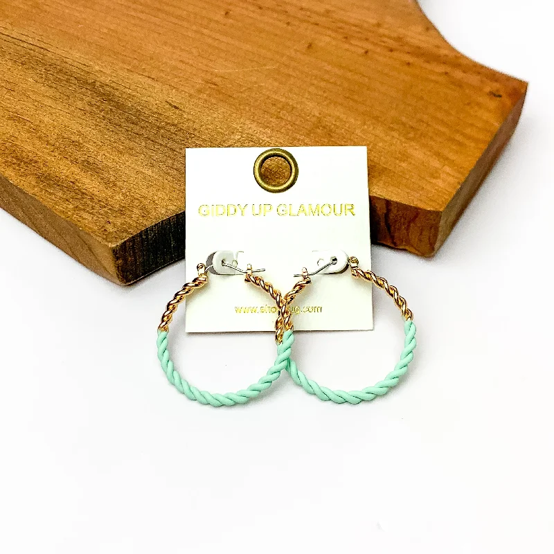 Wave design earrings-Twisted Gold Tone Hoop Earrings in Mint Green