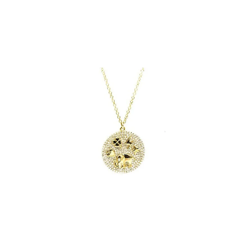 Zodiac charm necklaces-14k Yellow Gold and Diamond Pave Lucky Medallion Necklace. Heart, Clover, Lightning Bolt, Star and Elephant