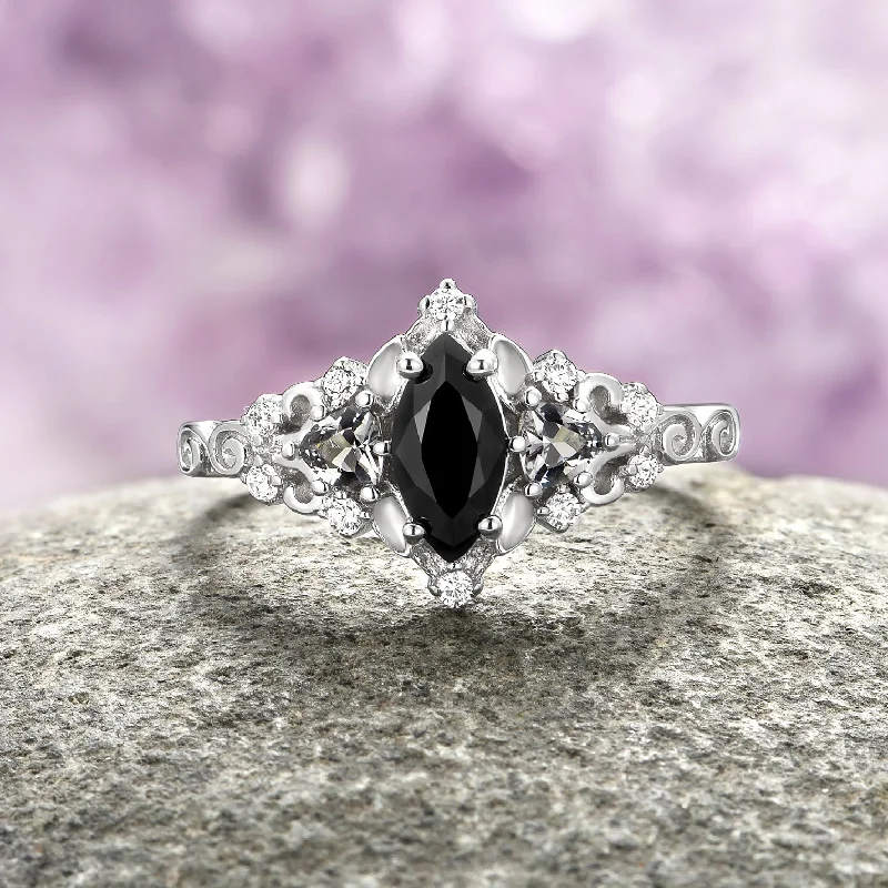 Princess cut engagement rings-Elain Black Diamond (Onyx) Dark Fairy Ring- Sterling Silver