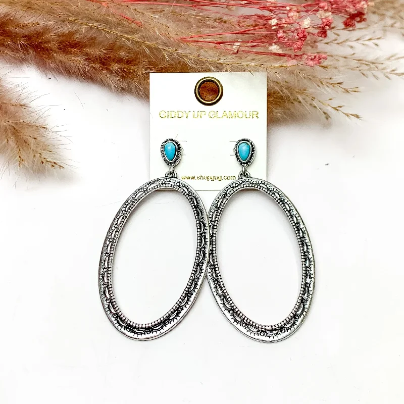 Bead braid earrings-Oval Large Silver Tone Earrings With Turquoise Posts