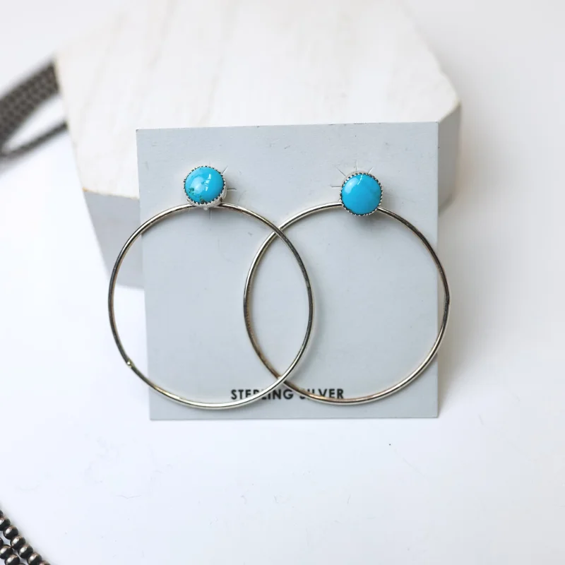 Oval dangle earrings-Anthony Skeets | Navajo Handmade Sterling Silver Hoop Earrings with Sleeping Beauty Turquoise Studs