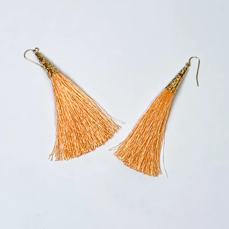 Topaz gem earrings-Gold Tone Filigree Cap Drop Tassel Earrings in Coral Orange