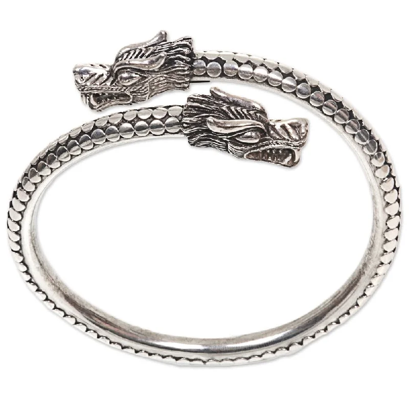 Aged bronze bangles-Handmade Sterling Silver Dragon Guardians Bracelet (Indonesia)