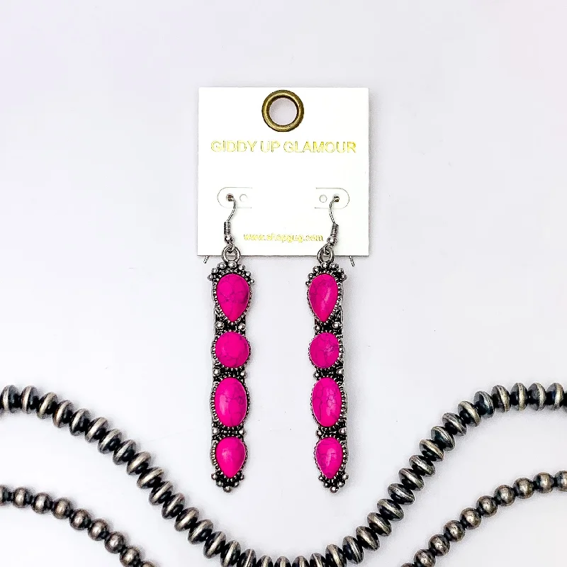 Alloy metal earrings-Western Connection Silver Tone Earrings With Four Stones in Fuchsia