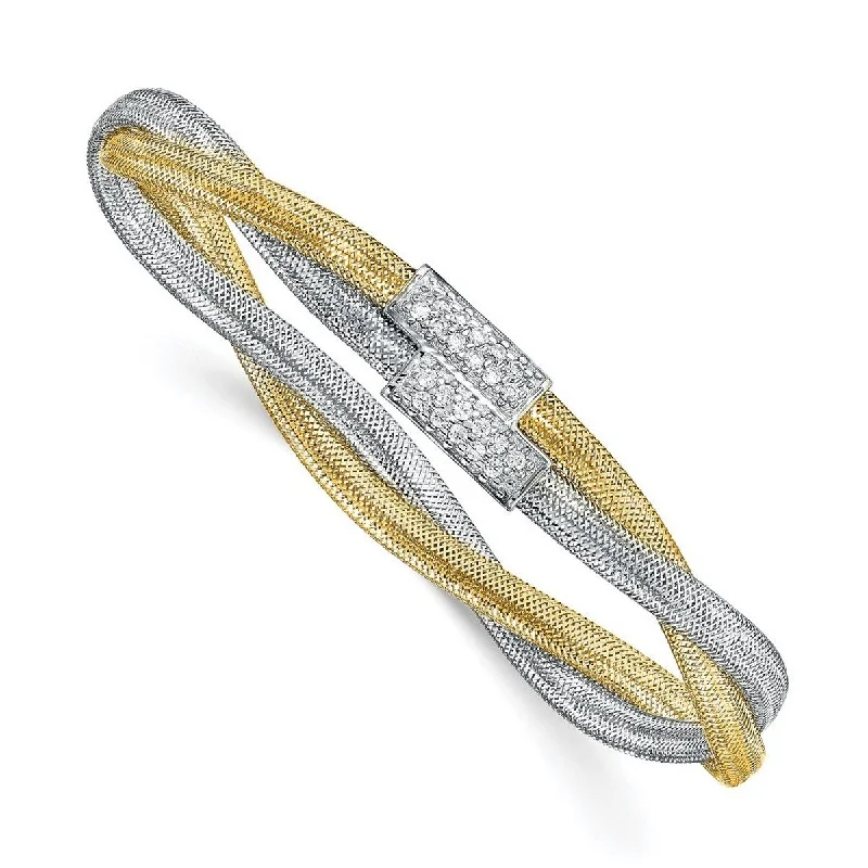 Woven thread bangles-Curata 14k and White Rhodium CZ Cubic Zirconia Simulated Diamond Polished Mesh Stretch Bracelet