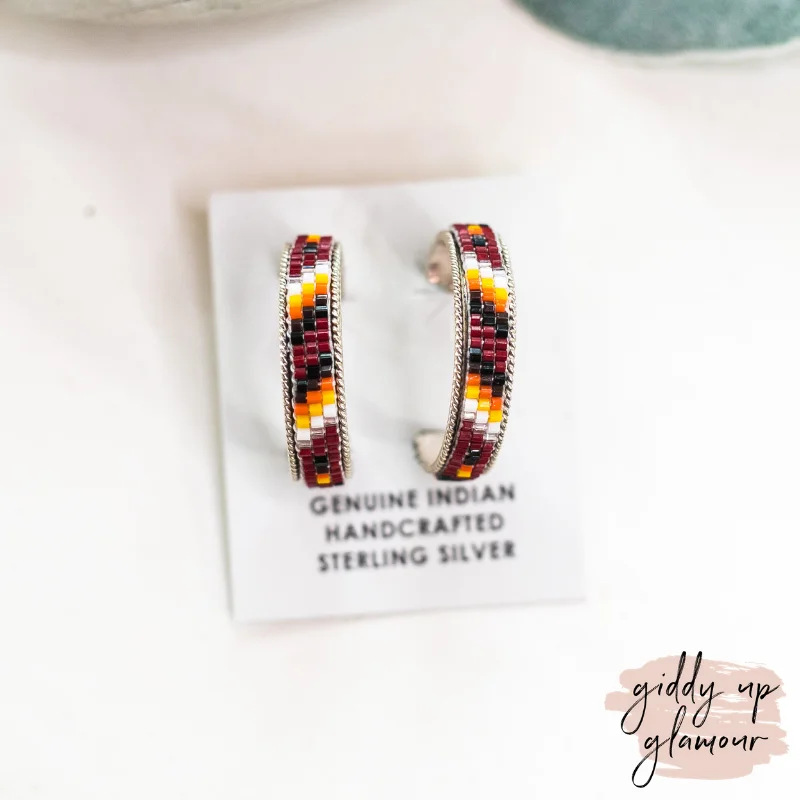 Thin pearl earrings-Navajo | Navajo Handmade Multi Colored Aztec Beaded Hoop Earrings in Maroon #4