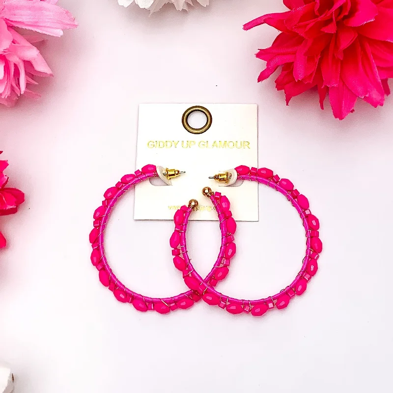 Woven thread earrings-Large Hoop Earrings Outlined with Crystals in Hot Pink