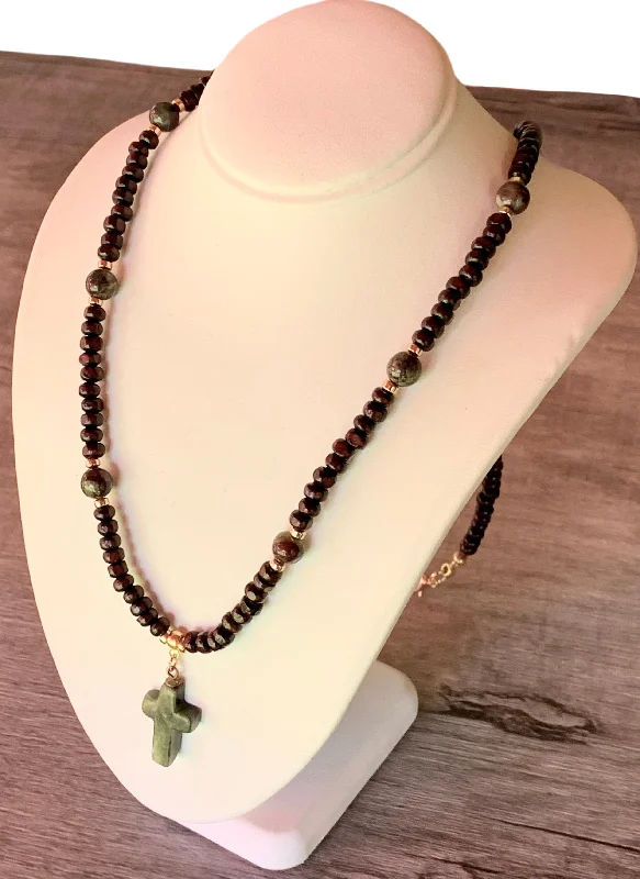 Daisy motif necklaces-Luke Handmade Dragon Bloodstone Jasper, Dark Wood, Gold Plated Hematite Necklace With a Vintage Jade Cross