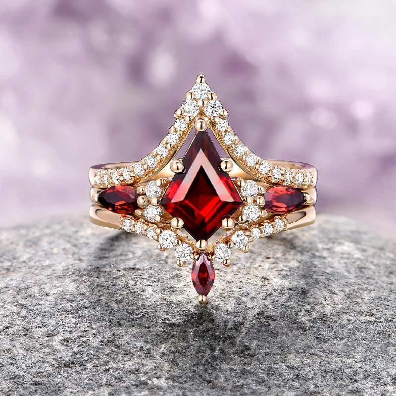 New moon engagement rings-Skye Kite™  Natural Red Garnet Ring Set- 14K Solid Yellow Gold (3-piece)