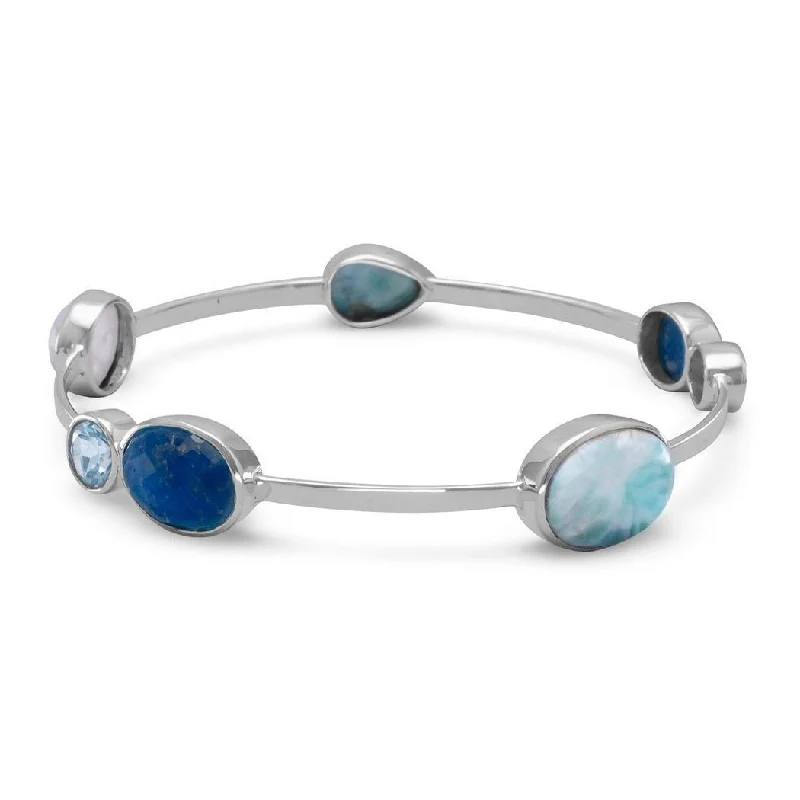 Birch grain bangles-Curata 925 Sterling Silver 1.5mm Stackable Bangle Bracelet Larimar Blue Topaz Dyed Aquamarine Rainbow Celestial Moonstone