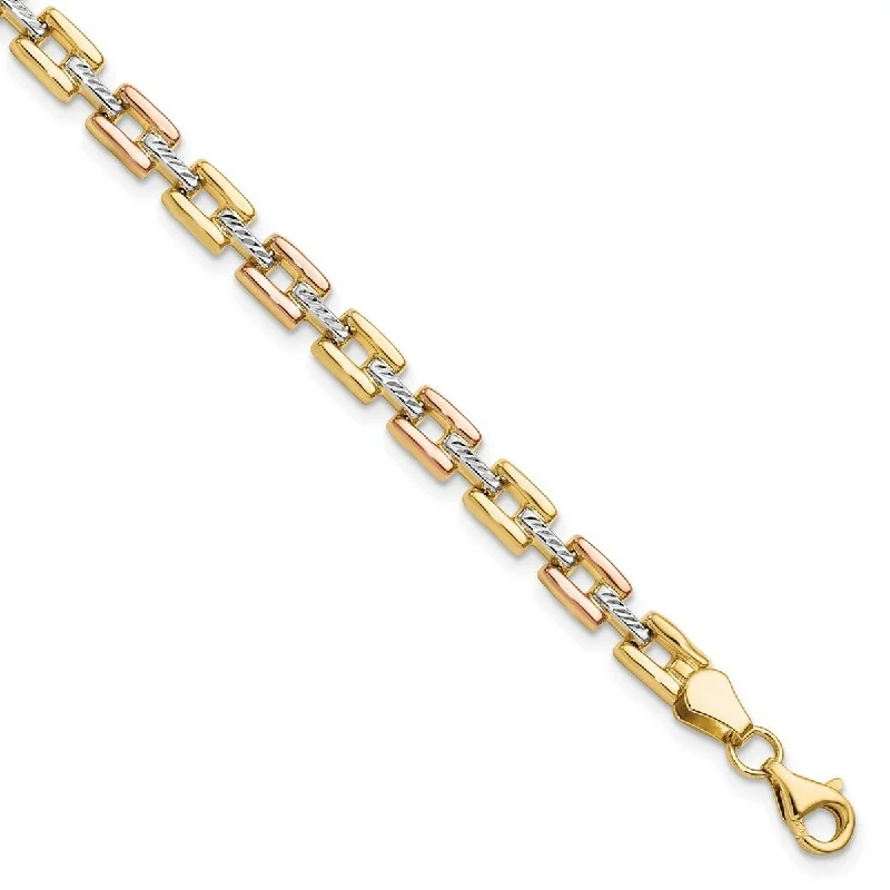 Surf bead bangles-Curata 14k Tri-color Gold Square Tracks Fancy Stampato Bracelet 7.25 Inch