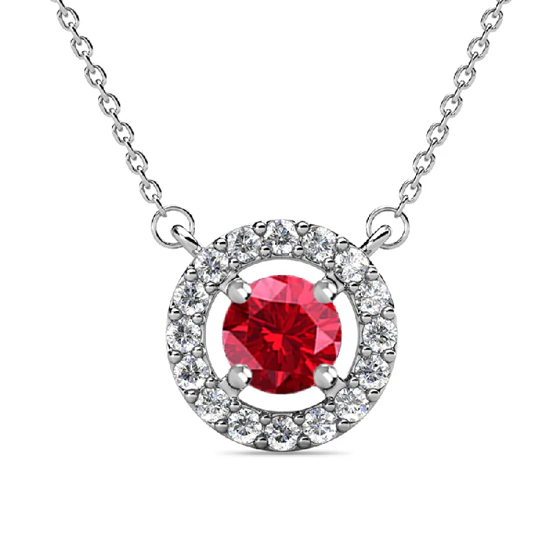 Multi-strand necklaces-Royal 18k White Gold Plated July Birthstone Halo Necklace with Round Cut Ruby Red Swarovski Crystals