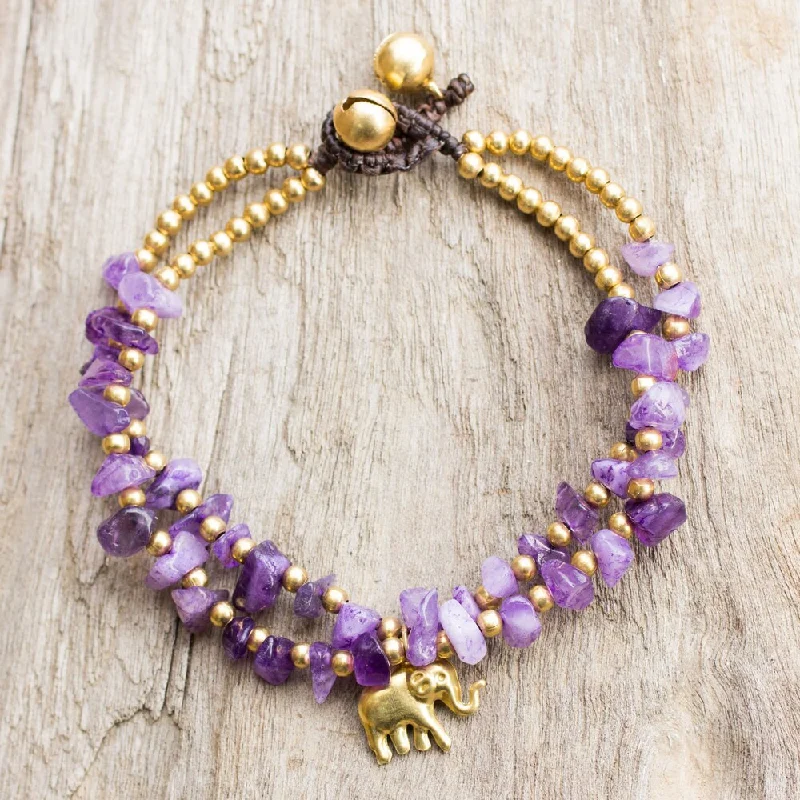 Tide shape bangles-Handmade Brass 'Violet Elephant' Quartz Bracelet (Thailand)