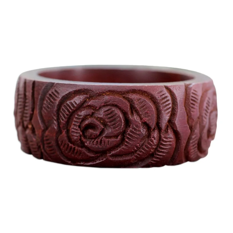 Bold geometric bangles-Handmade Wood Bangle Bracelet, 'Brown Rose Blossom' (India) - 7'6" x 9'6"