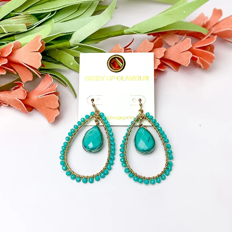 Large hoop earrings-Turquoise Stone Inside Open Beaded Teardrop Earrings with Gold Tone Outline