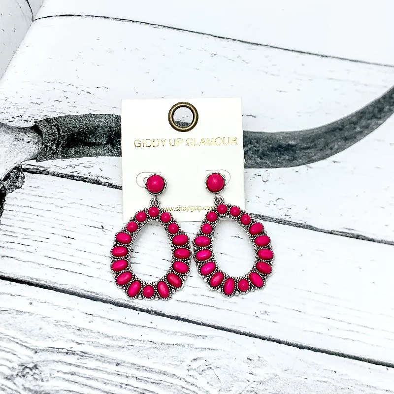 Oval dangle earrings-Small Circle Post Open Teardrop Earrings with Stones in Hot pink