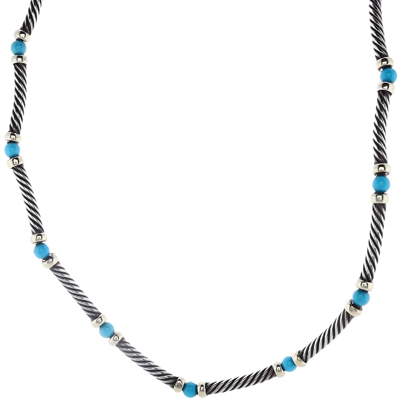 Multi-strand necklaces-Estate David Yurman Sterling Silver and !4 Karat Yellow Gold with Blue Beads Necklace