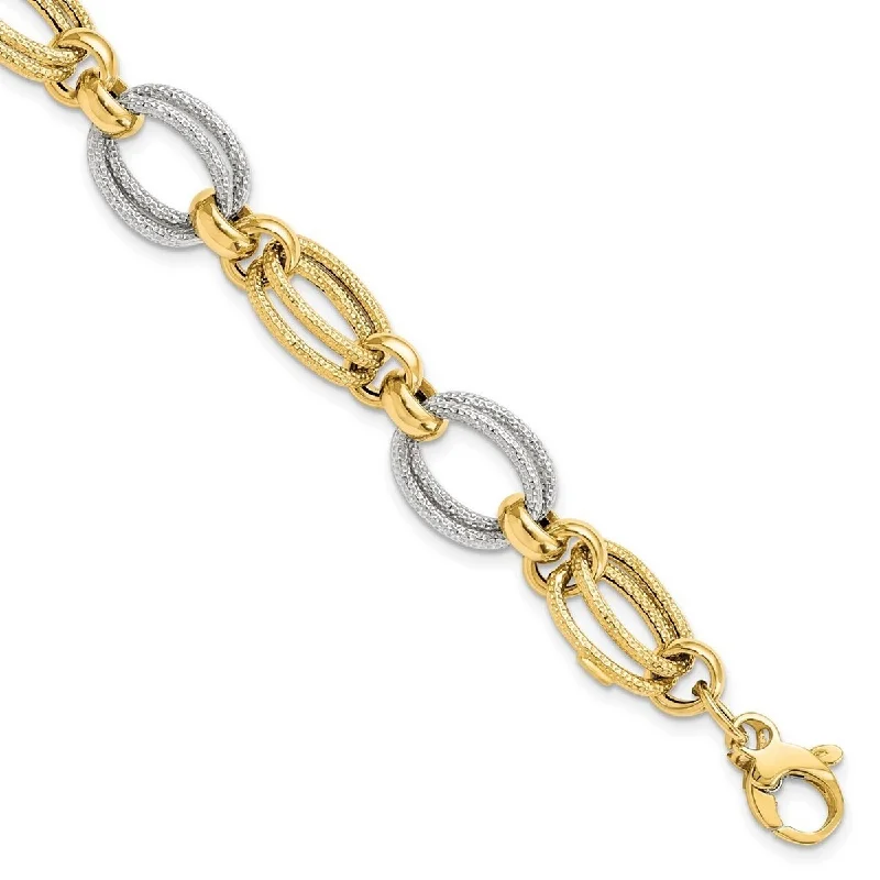 Sleek design bangles-Curata 11mm 14k Two tone Gold Polished and Textured Fancy Link Bracelet 8 Inch