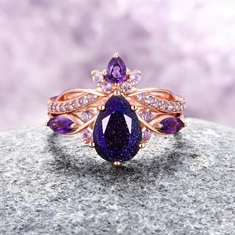 Tiny dot engagement rings-Feyre Starry Night & Amethyst Ring Set - 14K Solid Rose Gold