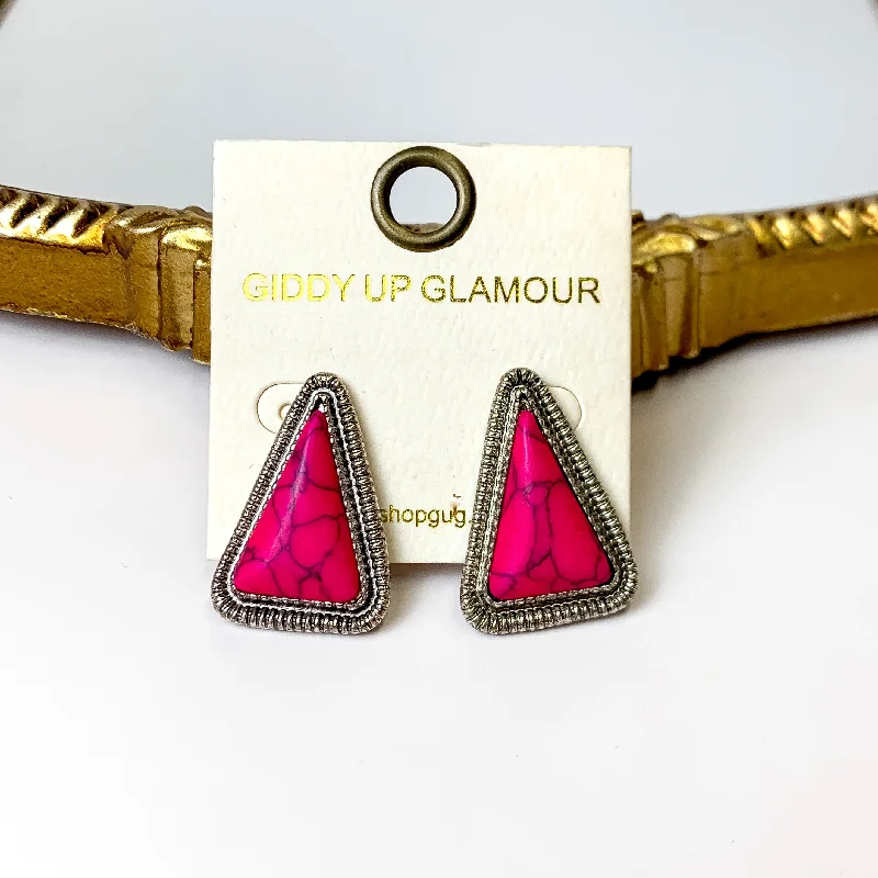 Mystic eye earrings-Western Silver Tone Faux Triangle Stone Earrings in Fuchsia Pink