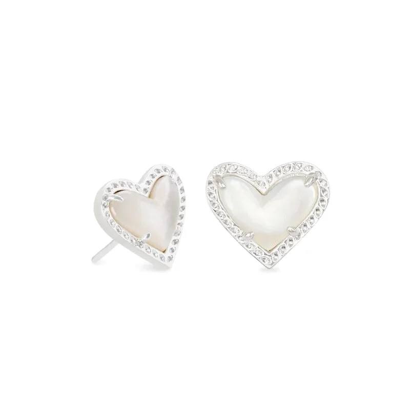 Coiled cord earrings-Kendra Scott | Ari Heart Silver Stud Earrings in Ivory Mother of Pearl