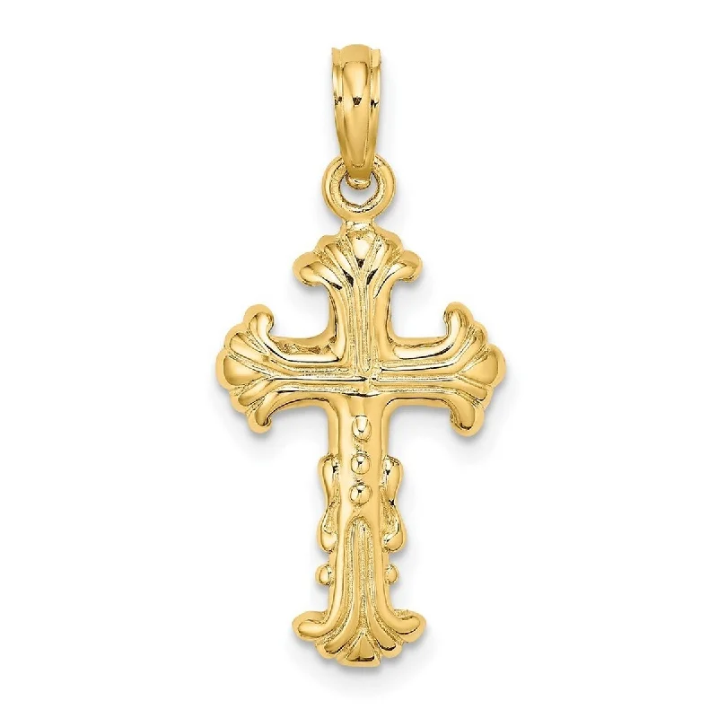 Leaf design necklaces-Curata 14k Yellow Gold Polished Ribbed Ornate Cross Necklace 13mm x 21.5mm