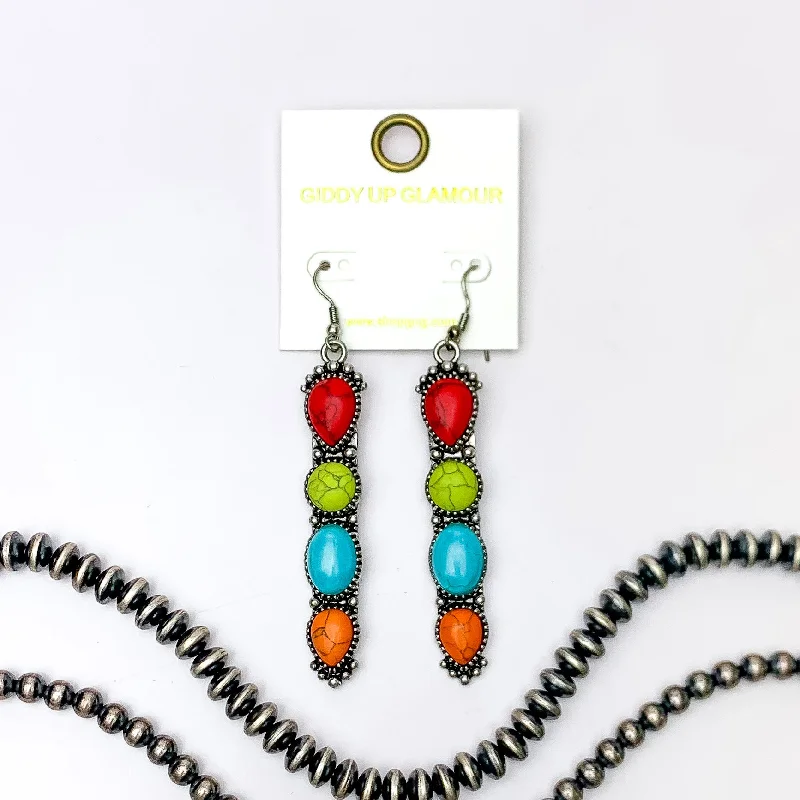 Moon charm earrings-Western Connection Silver Tone Earrings With Four Stones in Multicolor