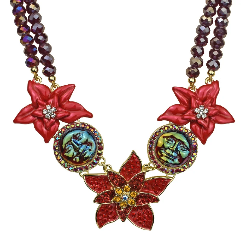 Owl charm necklaces-Seaview Water Moon Poinsettia Beaded Necklace (Goldtone/Dark Red)