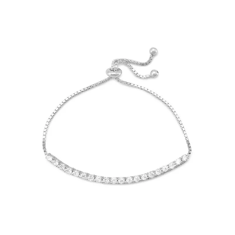 Satin silver bangles-Curata Adjustable Rhod. P. 925 Sterling Silver Box Chain Bracelet 3.75 Inch CZ Cubic Zirconia Simulated Diamond Bar Cubic