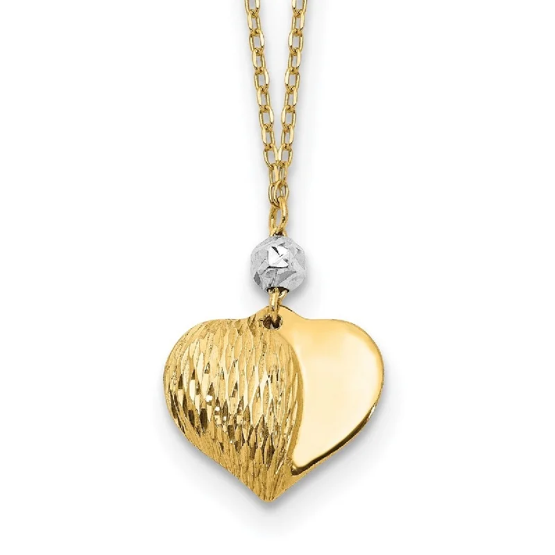 Secure clasp necklaces-Curata 14k Two Tone Gold Polished and Textured 12mm x 18mm Puffed Love Heart Necklace, 18"