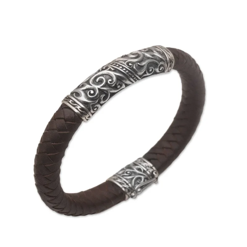 Chunky stone bangles-NOVICA Flow of Courage, Men's sterling silver and leather pendant bracelet