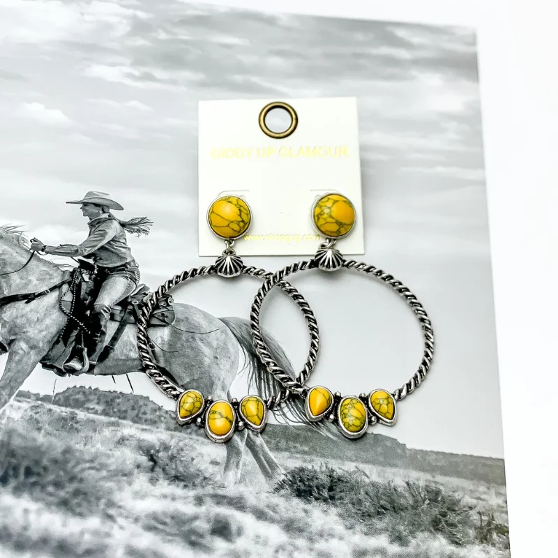 Tiny heart earrings-Western Moment Silver Tone Hoop Earrings With Stones in Yellow