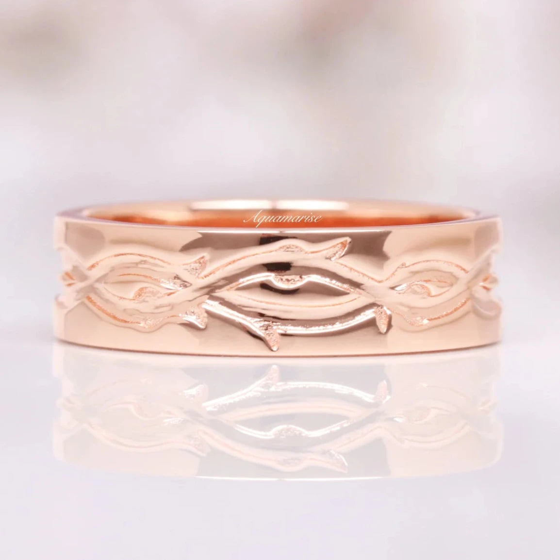 Flat knot engagement rings-Leaf Wedding Band- 14K Solid Rose Gold