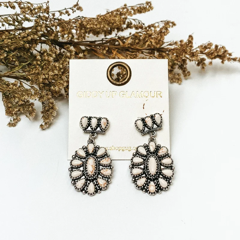 Java tile earrings-Silver Tone Cluster Post Earrings with Oval Cluster Drop with Ivory Stones