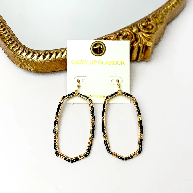 Owl wing earrings-Black Beaded Open Large Drop Earrings with Gold Tone Accessory