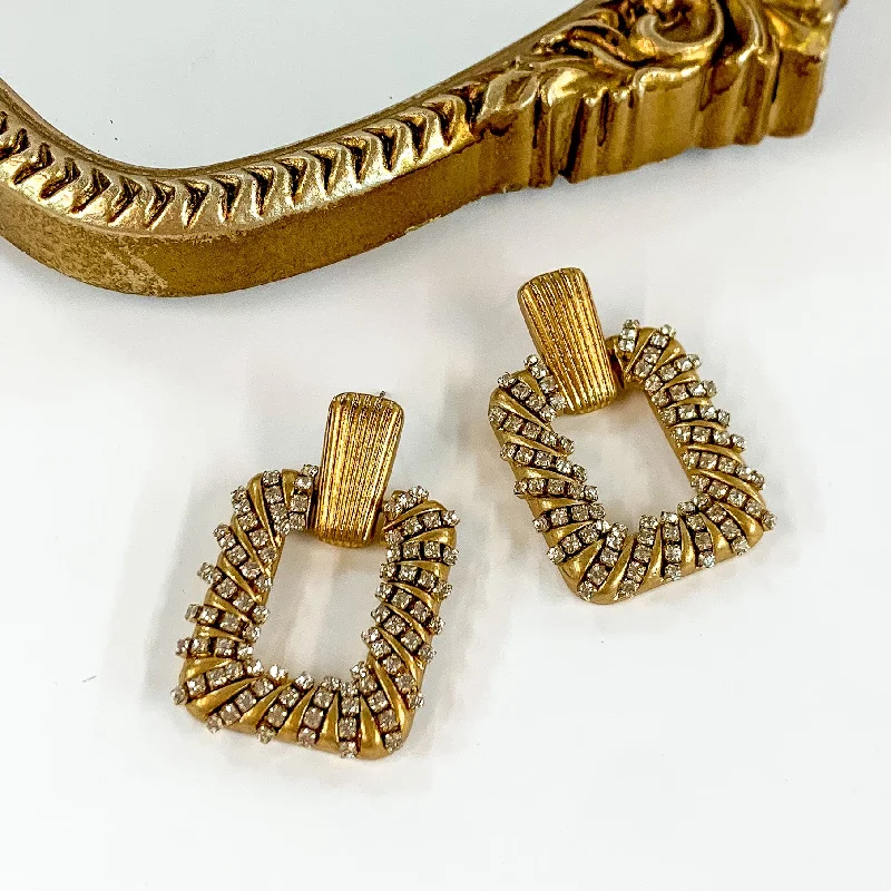 Vintage clip earrings-Gold Tone Rectangle Open Earrings with Clear Crystals