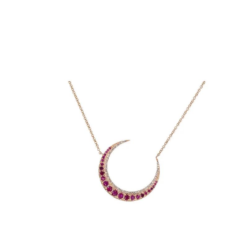 Elastic cord necklaces-14KT Rose Gold Diamond Pave and Ruby Crescent Necklace