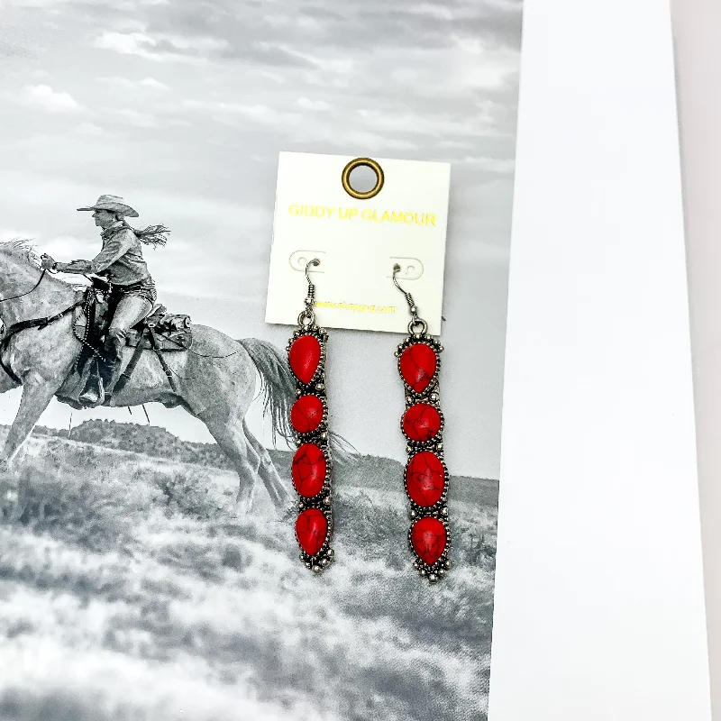 Sleek gem earrings-Western Connection Silver Tone Earrings With Four Stones in Red