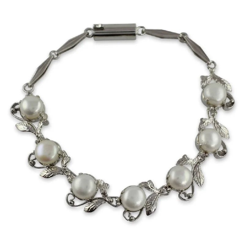 Bead row bangles-Handmade White Pearls Sterling Silver Bracelet (India)