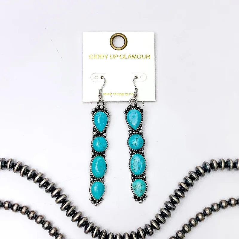 Flat badge earrings-Western Connection Silver Tone Earrings With Four Stones in Turquoise