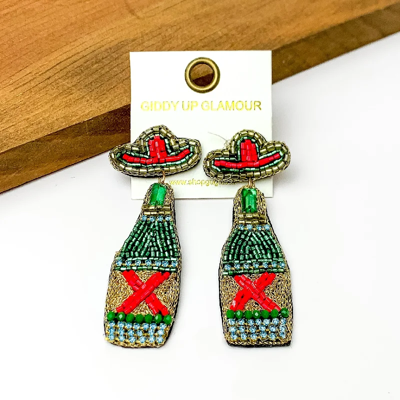 Pure gem earrings-Beaded Green Beer Bottle Earrings with Sombrero Studs