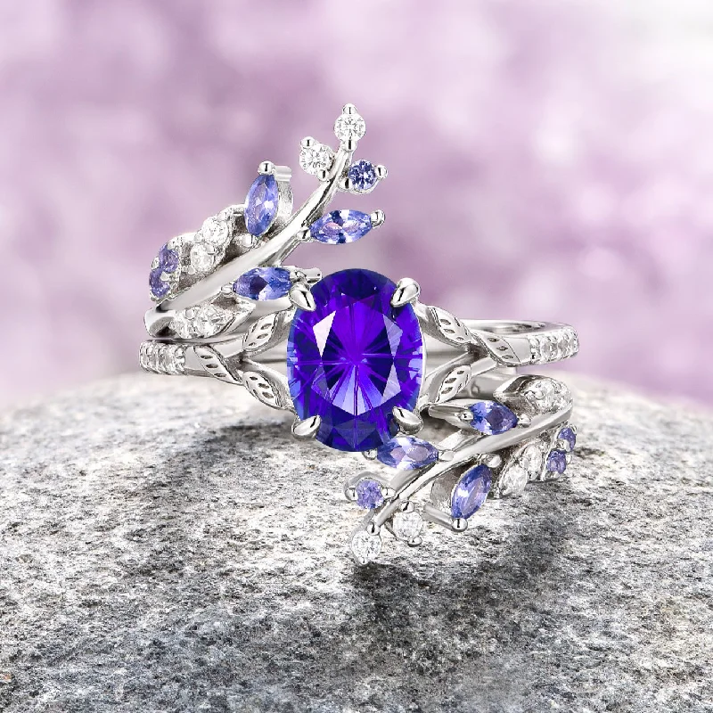 Subtle accent engagement rings-Fantasy Star Cut Cornflower Sapphire Leaf Ring Set- 14K White Gold (Two Piece)