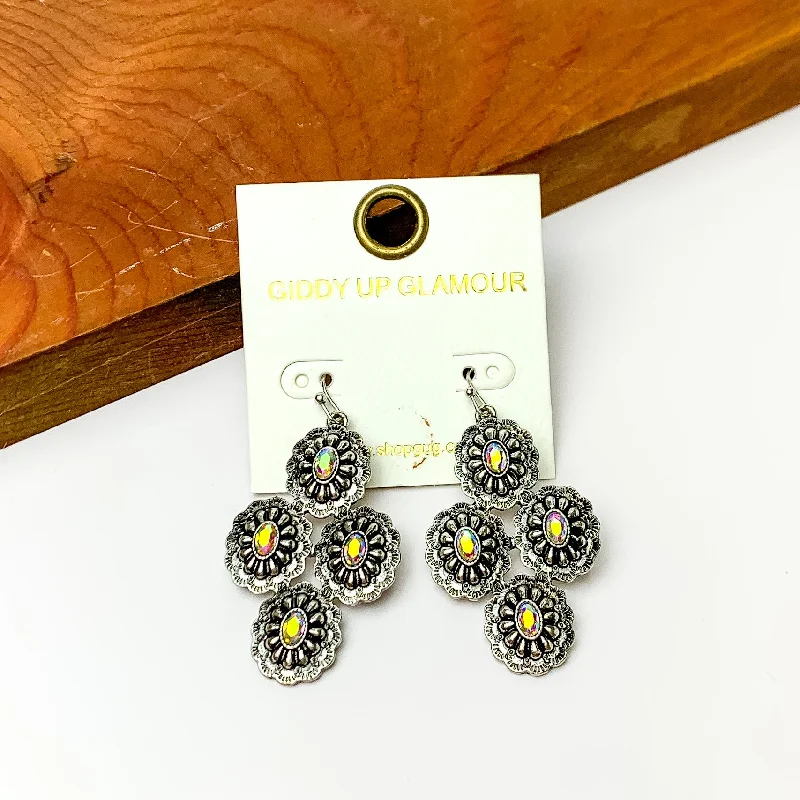 Rough texture earrings-Western Concho Earrings with AB Stones in Silver Tone