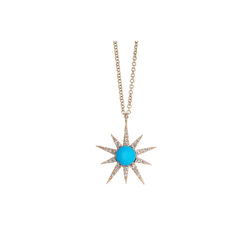 Cool wood necklaces-14KT Rose Gold Diamond Pave and Turquoise Starburst Necklace