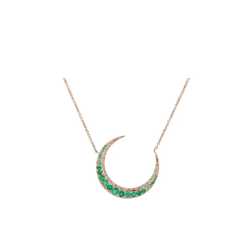 Soft thread necklaces-14KT Rose Gold Diamond Pave and Emerald Crescent Necklace