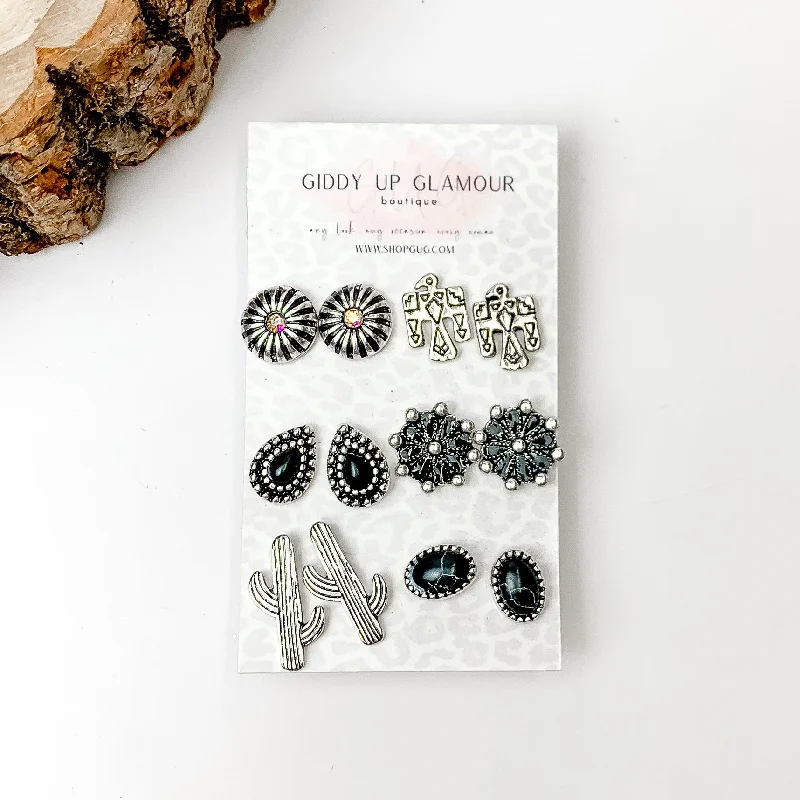 Lunar glow earrings-Set Of Six | Western Themed Black and Silver Tone Stud Earrings