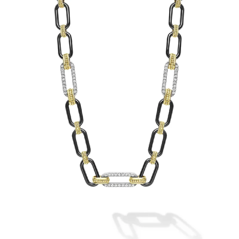 Ruby stone necklaces-Lagos 18k Gold and Black Ceramic Three Diamond Station Link Necklace, 6mm