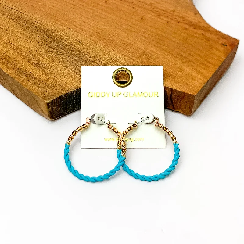 Polished bead earrings-Twisted Gold Tone Hoop Earrings in Ocean Blue